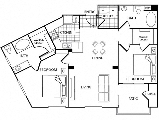 Floor plan for 2 beds, 2 baths, 1054 sqft